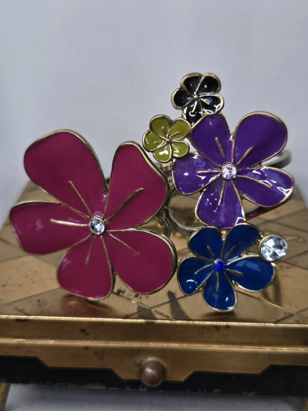 Floral Enamel Gold-Tone Clamper Bracelet in Pink, Purple, Blue